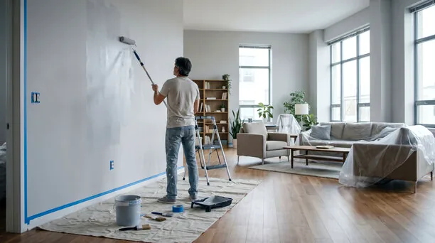Painter repainting a bright beach house living room with furniture covered